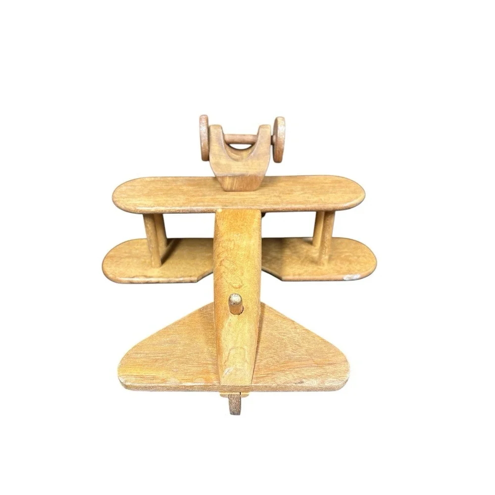 Handmade Wooden Bi-Plane Airplane Hardwood‎ Medium Stain Vintage